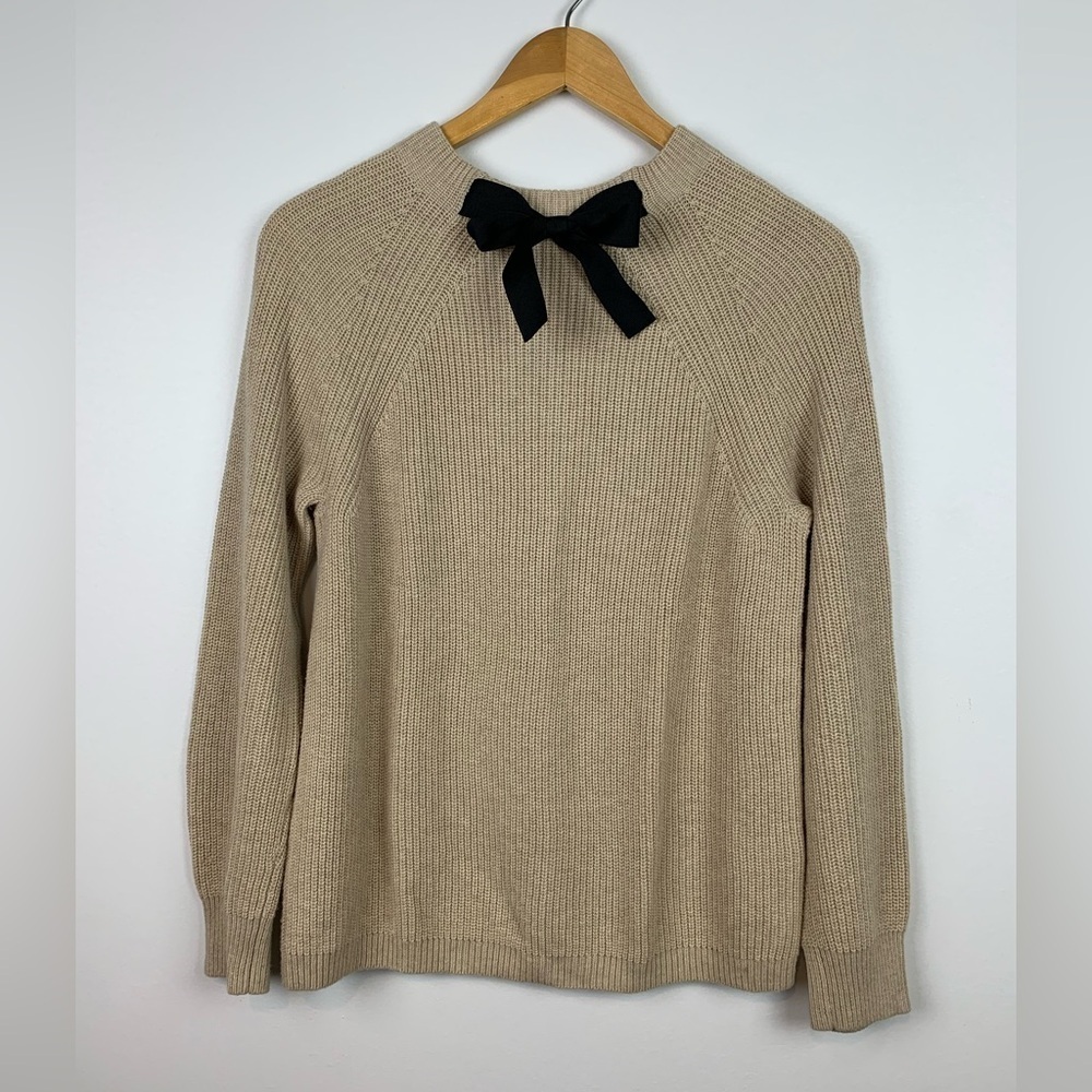 J. Crew Factory Bow Neck Knit Sweater Beige Size Small Cotton Merino Wool Blend